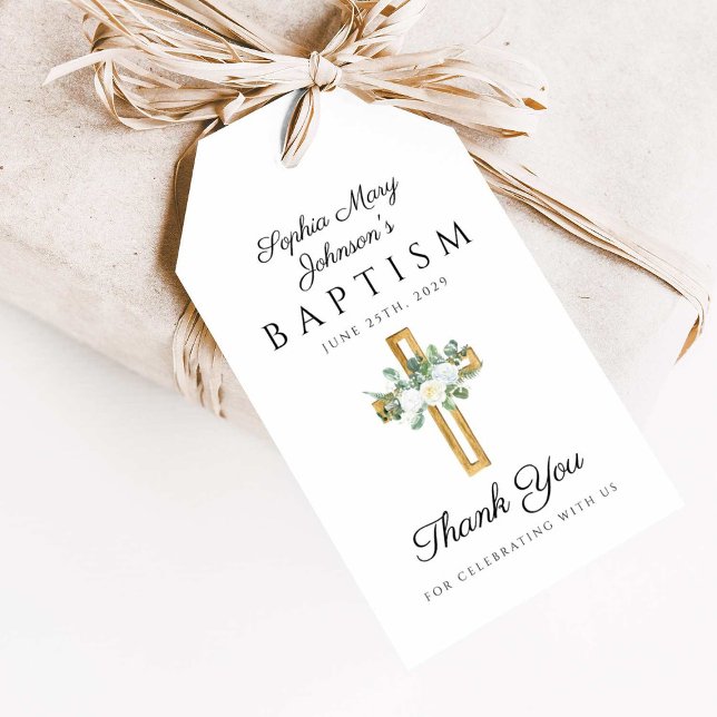 Religiösa Kor Blommigt Baptism Tack Presentetikett (Religious Cross Floral Baptism Thank You Gift Tags)