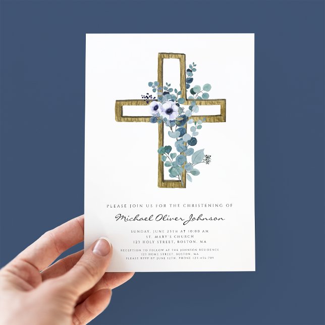 Religiösa Kor Blommigt Eucalyptus Boy Christening Inbjudningar (Skapare uppladdad)
