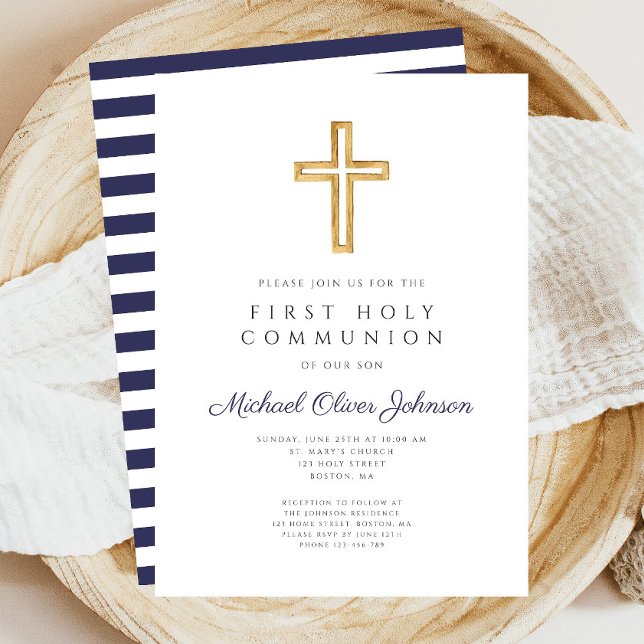 Religiösa Kor, Blue Boy First Communion Inbjudningar (Navy Blue Stripes Boy First Communion Invitation)