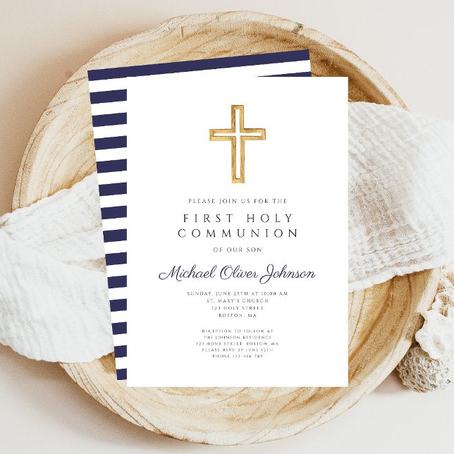 Religiösa Kor, Blue Boy First Communion Inbjudningar (Navy Blue Stripes Boy First Communion Invitation)