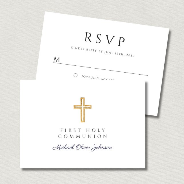 Religiösa Kor, Blue Boy First Communion OSA Kort (Religious Cross Navy Blue Boy First Communion RSVP Card)