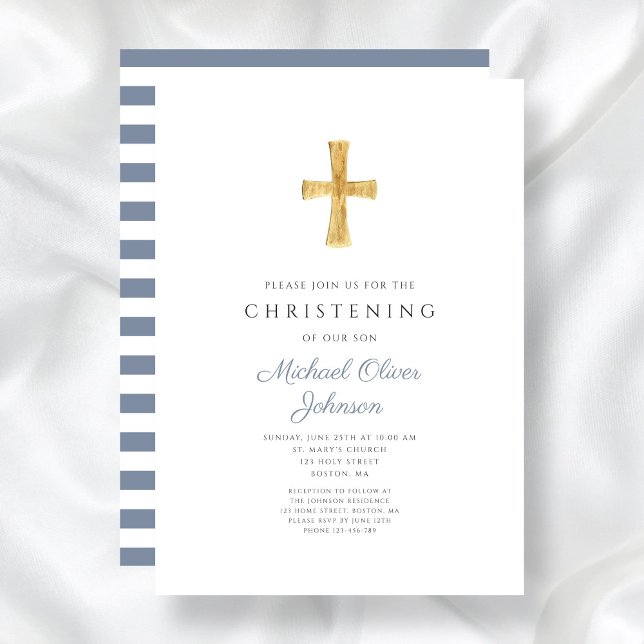 Religiösa Kor Blue Rand Boy Christening Inbjudningar (Religious Cross Blue Stripes Boy Christening Invitation)