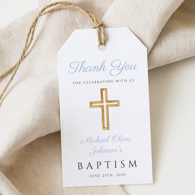 Religiösa Kor Boy Baby blue Baptism Presentetikett (Religious Cross Boy Baby Blue Baptism Gift Tags)