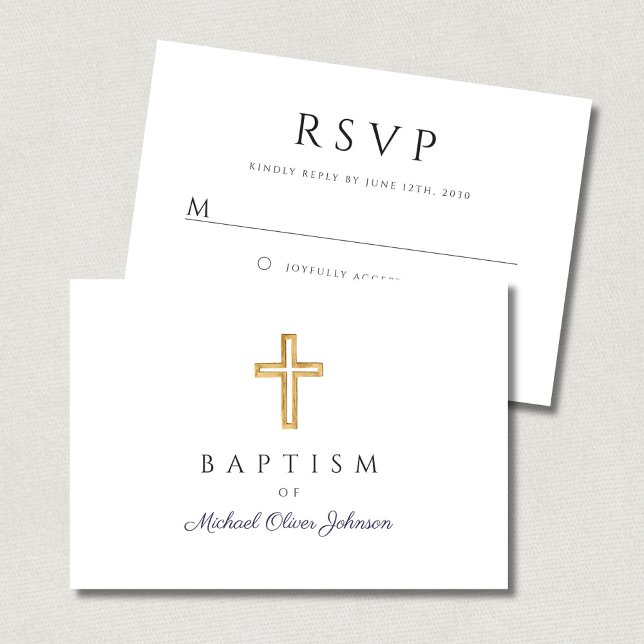 Religiösa Kor Boy Baptism i marinblått skript OSA Kort (Navy Blue Script Religious Cross Boy Baptism RSVP Card)