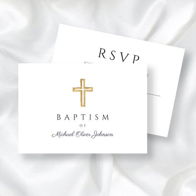 Religiösa Kor Boy Baptism i marinblått skript OSA Kort (Navy Blue Script Religious Cross Boy Baptism RSVP Card)