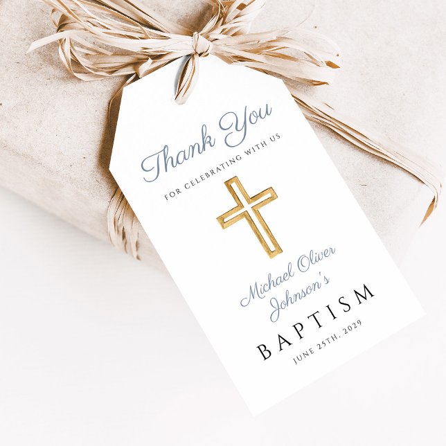 Religiösa Kor Boy Blue Baptism Presentetikett (Religious Cross Boy Blue Baptism Gift Tags)
