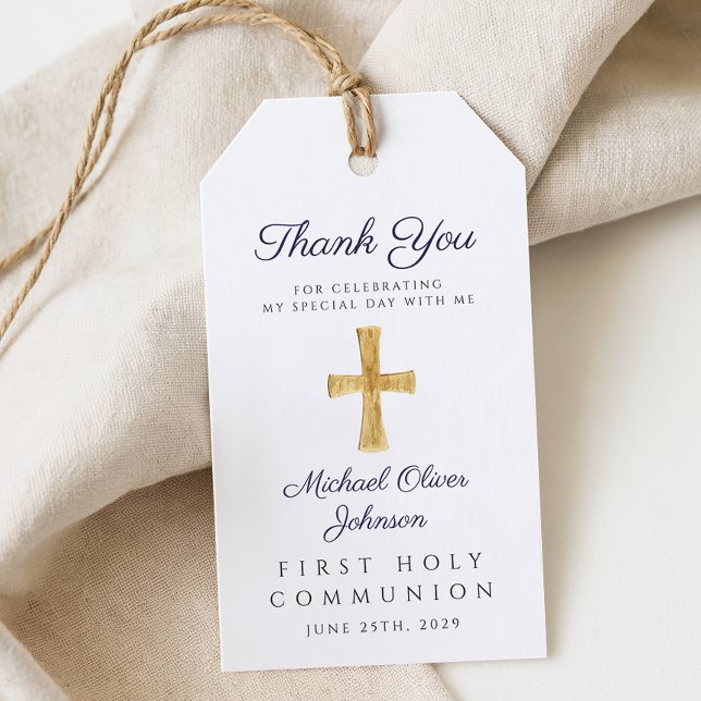 Religiösa Kor Boy Navy Blue Communion Presentetikett (Religious Cross Boy Navy Blue First Communion Gift Tags)