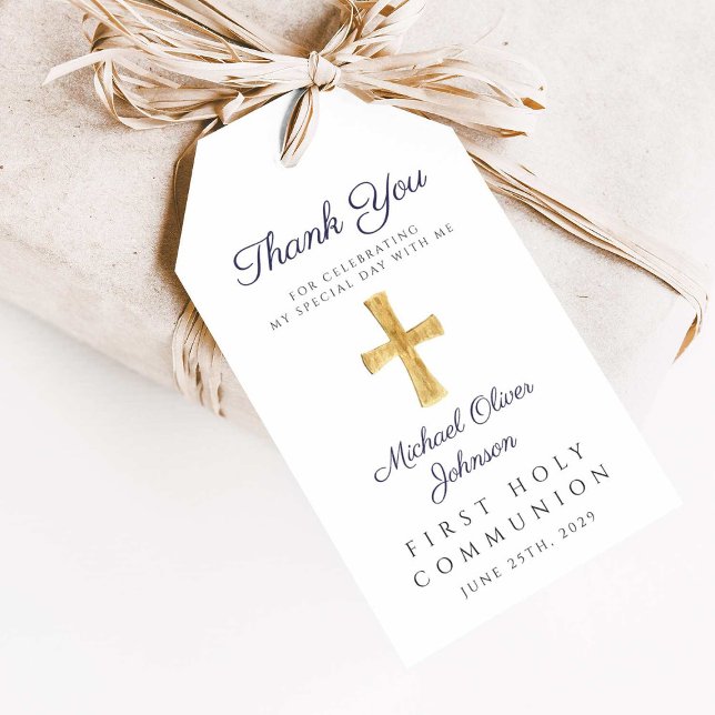 Religiösa Kor Boy Navy Blue Communion Presentetikett (Religious Cross Boy Navy Blue First Communion Gift Tags)