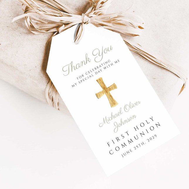 Religiösa Kor Boy Sage Grönt First Communion Presentetikett (Religious Cross Boy Sage Green First Communion Gift Tags)