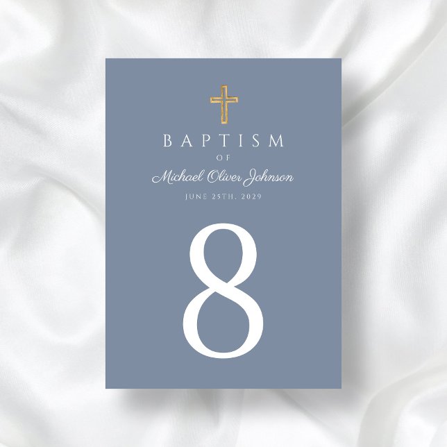 Religiösa Kor Dusty Blue Boy Baptism Bordsnummer (Religious Cross Dusty Blue Boy Baptism Table Number)
