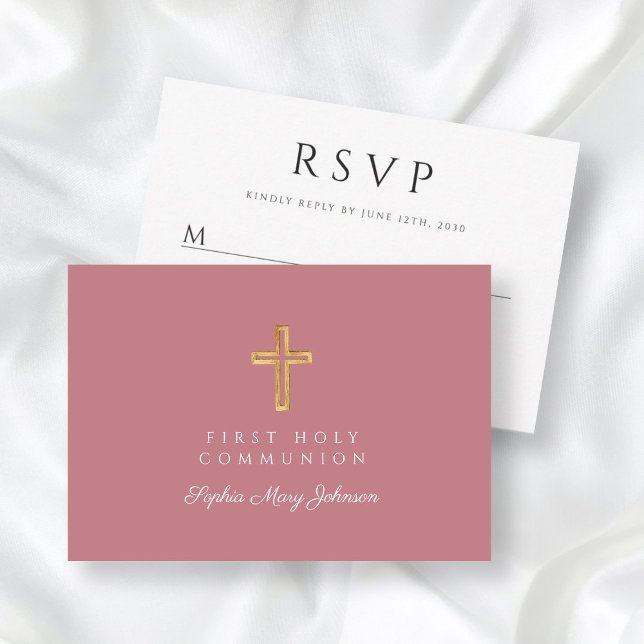 Religiösa Kor Dusty Rosa Girl Girl First Communion OSA Kort (Religious Cross Dusty Pink Girl First Communion RSVP Card)