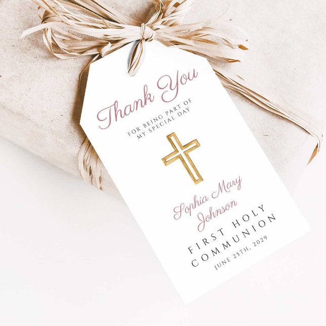 Religiösa Kor Girl Rosa First Communion Presentetikett (Religious Cross Girl Pink First Communion Gift Tags)