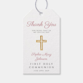 Religiösa Kor Girl Rosa Rand First Communion Presentetikett