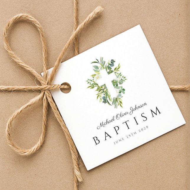 Religiösa Kor Grönt Botanisk abaptism Gåvor Etiketter (Religious Cross Green Botanical Baptism Favor Tags)