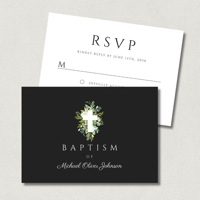 Religiösa Kor Grönt Botanisk abaptism OSA Kort (Religious Cross Green Botanical Baptism RSVP Card)