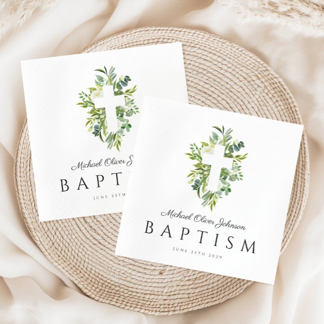 Religiösa Kor Grönt Botanisk abaptism Pappersservett (Religious Cross Green Botanical Baptism Napkins)