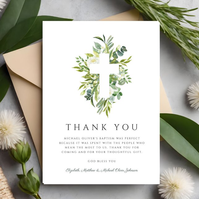 Religiösa Kor Grönt Botanisk abaptism Tack Kort (Religious Cross Green Botanical Baptism Thank You Card)