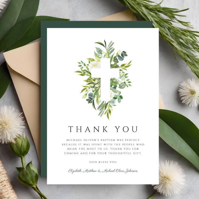 Religiösa Kor Grönt Botanisk abaptism Tack Kort (Religious Cross Green Botanical Baptism Thank You Card)