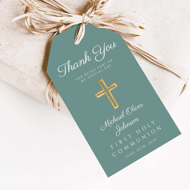 Religiösa Kor Grönt Boy First Communion Presentetikett (Religious Cross Green Boy First Communion Gift Tags)