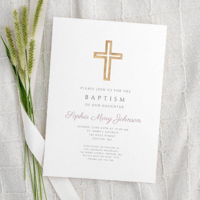 Religiösa Kor Lila  Script Girl Baptism Inbjudningar (Religious Cross Purple Script Girl Baptism Invitation)