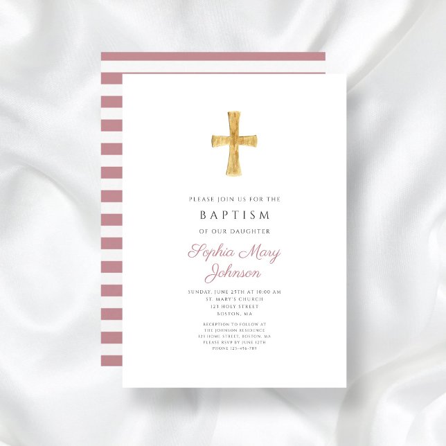 Religiösa Kor Modern Rosa Rand Girl Girl Baptism Inbjudningar (Religious Cross Modern Pink Stripes Girl Baptism Invitation)