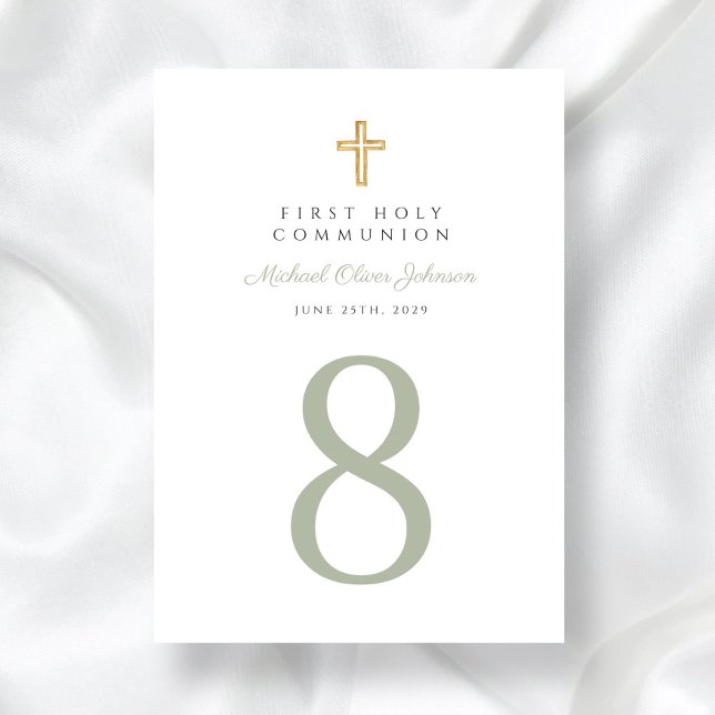 Religiösa Kor Sage Grönt Boy First Communion Bordsnummer (Religious Cross Sage Green Boy First Communion Table Number)
