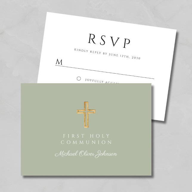 Religiösa Kor Sage Grönt First Communion OSA Kort (Religious Cross Sage Green First Communion RSVP Card)