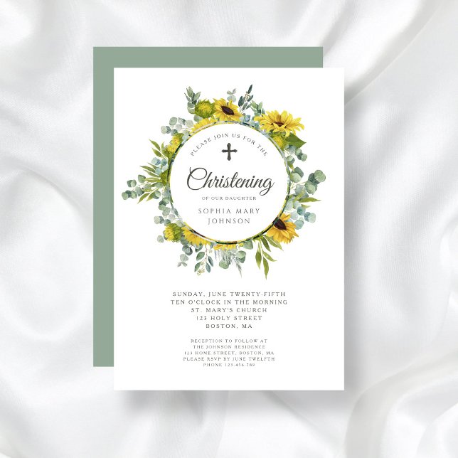 Religiösa Kor Solrosfransfransfrena för krandrensn Inbjudningar (Religious Cross Sunflower Wreath Christening Invitation)