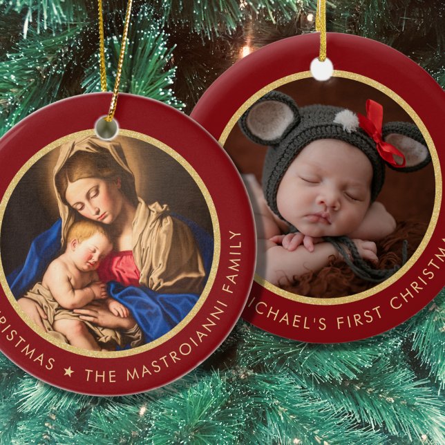 Religiösa Madonna & Child Baby 1st jul Julgransprydnad Keramik (Catholic Baby's 1st Christmas ornament with Madonna and Child in red and gold)