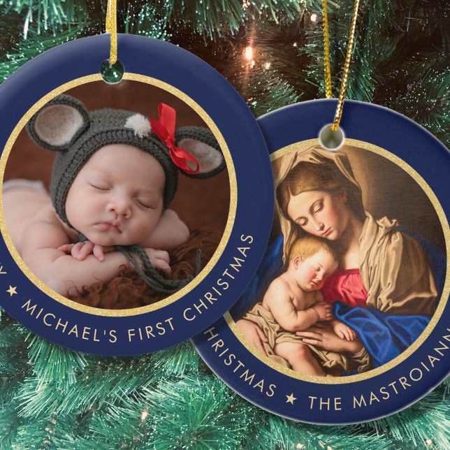 Religiösa Madonna & Child Baby 1st jul Julgransprydnad Keramik (Religious Baby's 1st Christmas in navy blue and gold with Madonna and Child)
