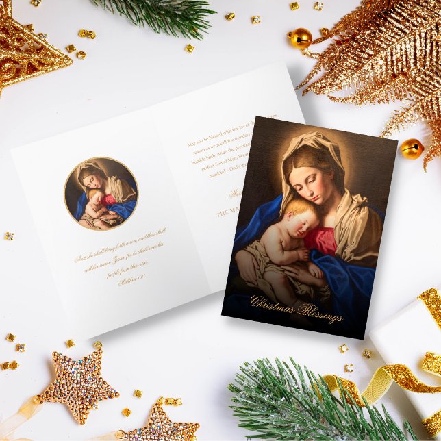 Religiösa Madonna & Child Bible Verse jul Helgkort (Religious Christmas card for Catholics and Christians in gold and white)