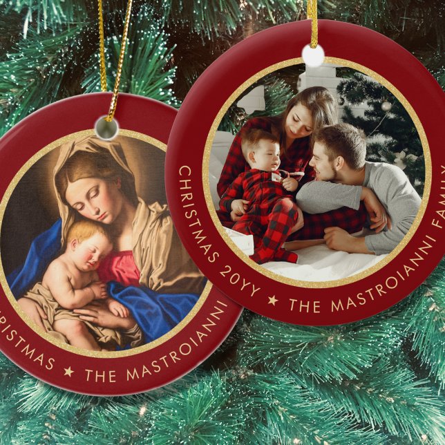 Religiösa Madonna & Child Photo Family Jul Julgransprydnad Keramik (Red and gold religious Christmas ornament with Madonna and Child and family photo)