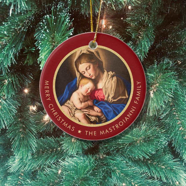 Religiösa Madonna och barnkatolsk julklapp Julgransprydnad Keramik (Catholic Christmas ornament with Madonna and Child in red and gold with family name)