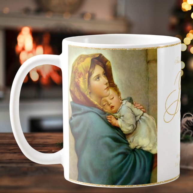 Religiösa Madonna och barnkatolsk julklapp Kaffemugg (Madonna & Child religious Bible Verse Christmas gift for Christians and Catholics in white & gold)