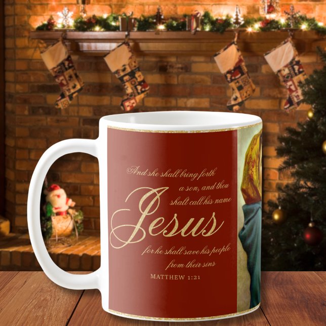 Religiösa Madonna och barnkatolsk julklapp Kaffemugg (Madonna and Child religious Christmas coffee cup with Bible verse in red and gold)
