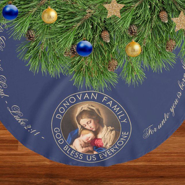 Religiösa Madonna och Child Bible Verse jul Julgransmatta Borstad Polyester (Religious Christmas tree skirt with Bible verse and Madonna and Child in navy blue and gold)
