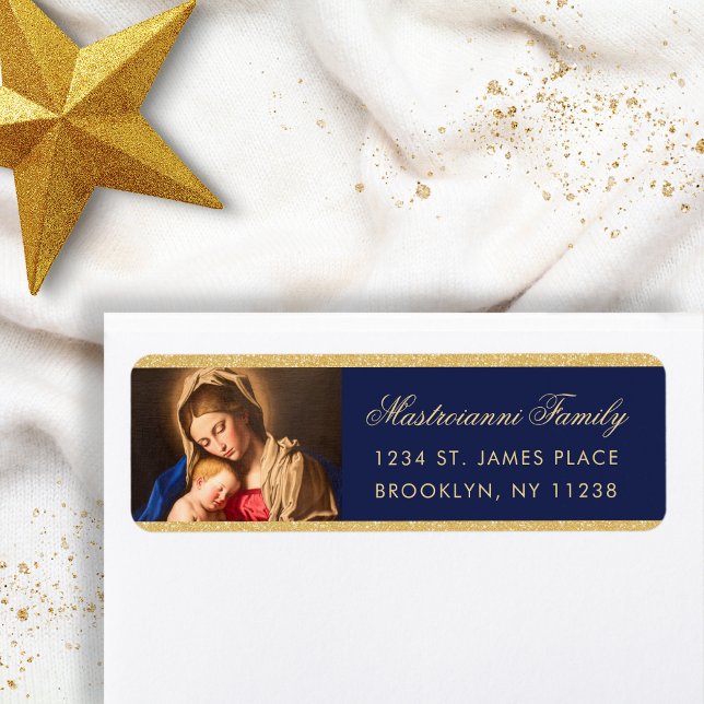 Religiösa Madonna och Returadress för barnjul Etikett (Religious Christmas address label in midnight blue and gold with the Madonna and Child for Catholics)