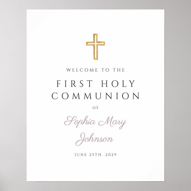 Religiösa Mauve Girl First Communion Välkommen Poster (Framsidan)