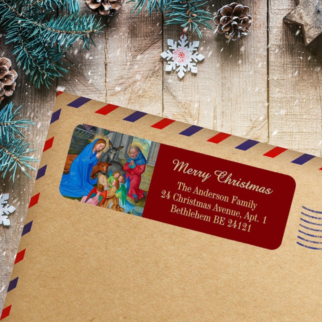 Religiösa Medieval kristen jultomhet Returadress Etikett (Religious Medieval Catholic Christian Christmas Nativity Scene Return Address Label)