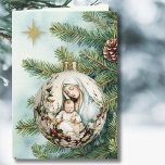 Religiösa Mor Mary Jesus Watercolor jul Helgkort<br><div class="desc">En bild av den anpassningsbarna designade religiösan av den välsignade Mor Mary och Baby Jesus på en julklapp som hänger från den gröna grenar som accentueras av Öster stjärna.</div>