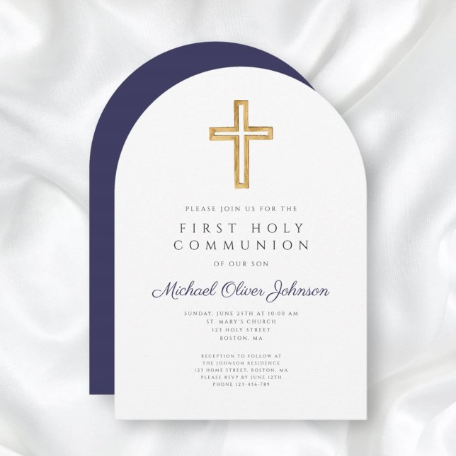 Religiösa Navy Blue Boy First Communion Arch Inbjudningar (Religious Navy Blue Boy First Communion Arch Invitation)