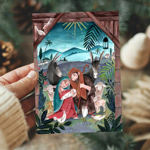 Religiösa på scenen blå, röd Mary och Joseph Helgkort