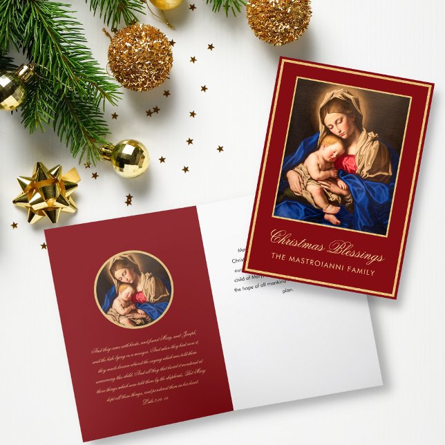 Religiösa Red Guld Madonna & Child God Jul Helgkort (Red and gold Madonna and Child religious Christmas card for Catholics and Christians)