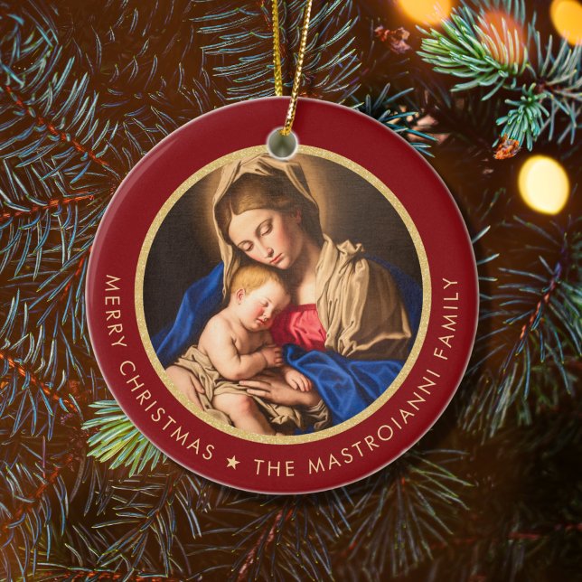 Religiösa Red & Guld Madonna & Child Jul Julgransprydnad Keramik (Red and gold religious Christmas ornament with Madonna and Child for Catholics and Christians)