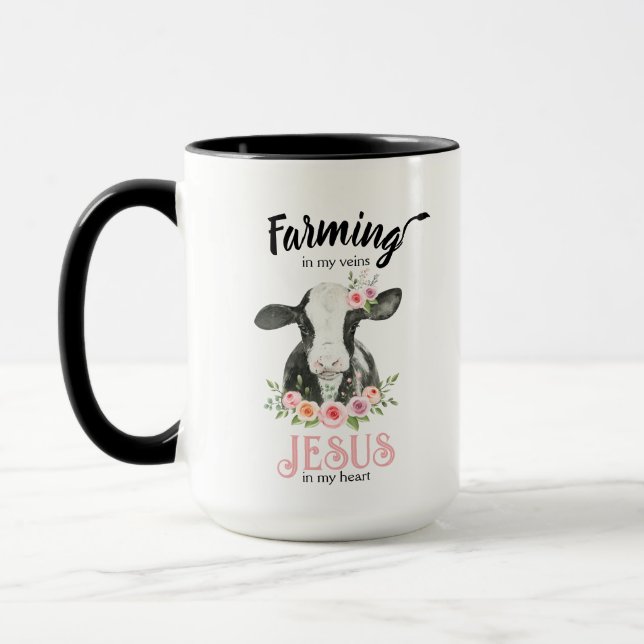 Religiösa Rosa Blommigt Cow farm and Jesus kaffe Mugg (Vänster)