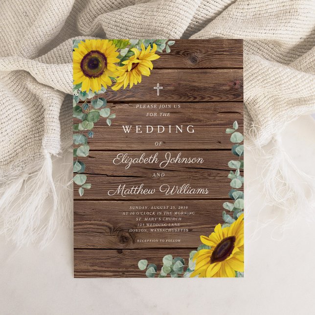 Religiösa Rustic Solros Blommigt Barn Bröllop Inbjudningar (Religious Rustic Sunflower Floral Barn Wedding Invitation)