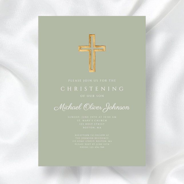 Religiösa Sage Grönt Wood Kor Christening Inbjudningar (Religious Sage Green Wood Cross Christening Invitation)