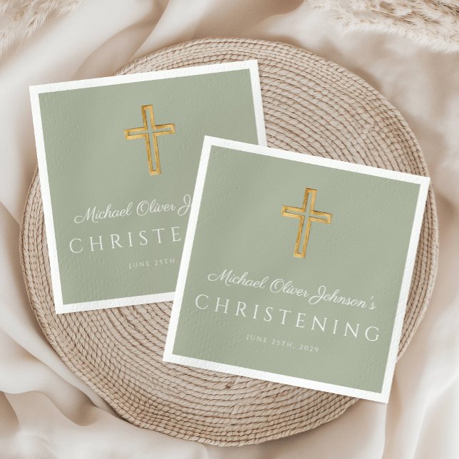 Religiösa Sage Grönt Wood Kor Christening Pappersservett (Religious Sage Green Wood Cross Christening Napkins)