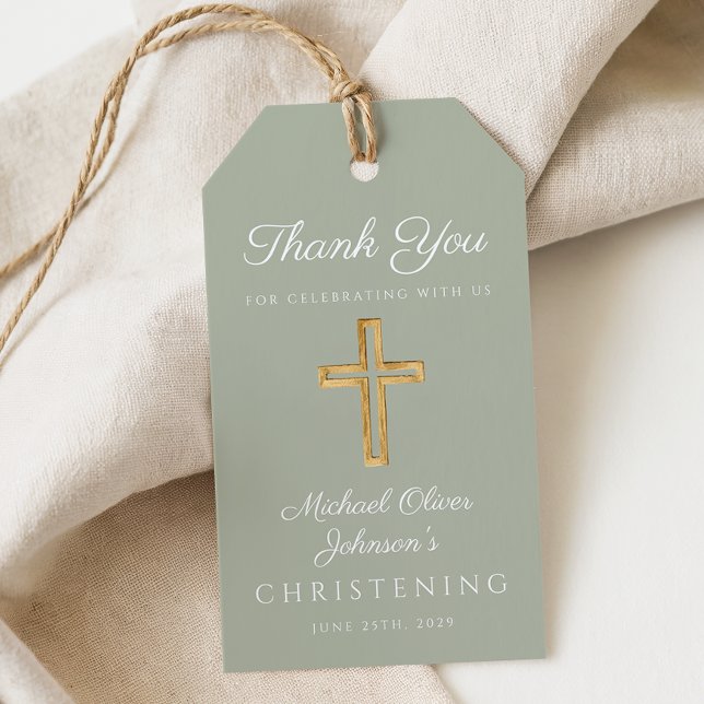 Religiösa Sage Grönt Wood Kor Christening Presentetikett (Religious Sage Green Wood Cross Christening Gift Tags)