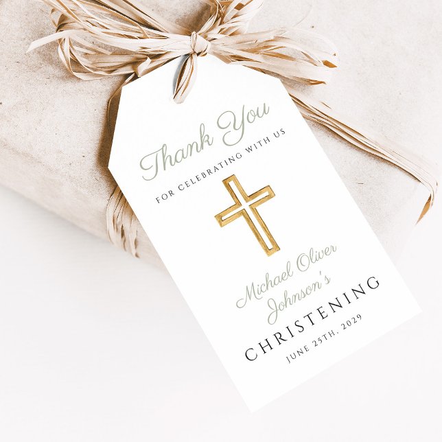 Religiösa Sage Grönt Wood Kor Christening Presentetikett (Religious Sage Green Wood Cross Christening Gift Tags)